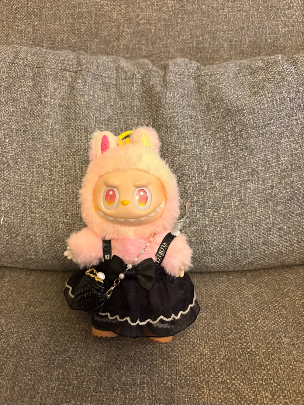 Labubu Pink Fuzzy Pop Mart Monster Doll with Black Dress, shoes, purse